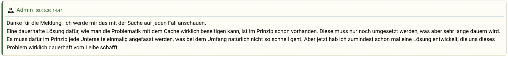Darstellung einer Admin-Nachricht, die sich optisch von normalen Beiträgen abhebt